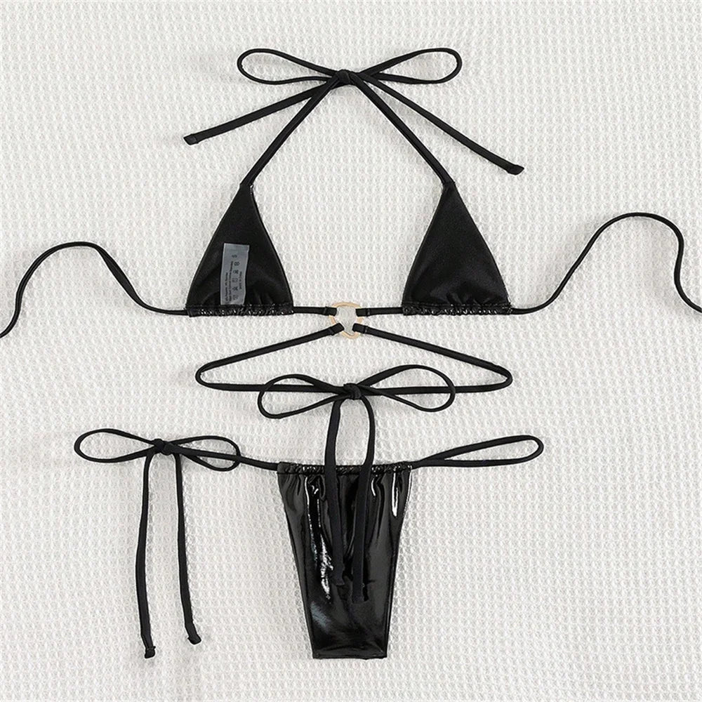 Black String Extreme Bikini PU Leather Triangle Swimsuit Backless Y2K Push Up Vacation Outfits Women Swimwear Beach Bathing Suit