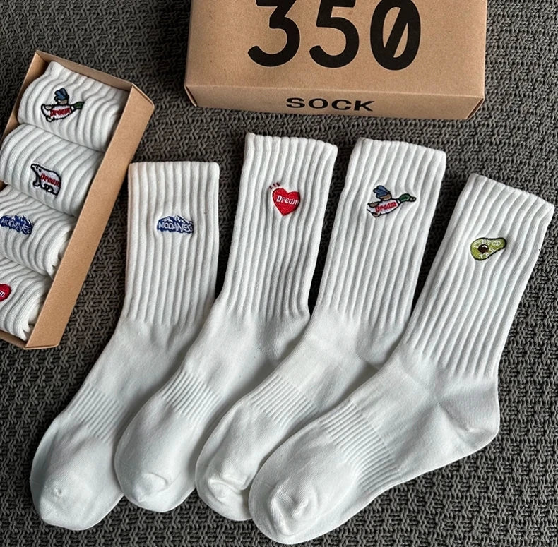 4 Pairs/Box Women's Socks Gift Box Spring Summer Fashion Embroidery Free Shipping Items Funny Gifts Black Middle Tube Socks