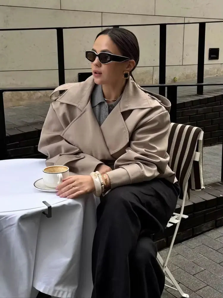 Fashion Lace up Cropped Trench Coat Women Lapel Long Sleeves Wide Shoulder Windbreaker Jacket Fall Commuting Daily Jackets 2026