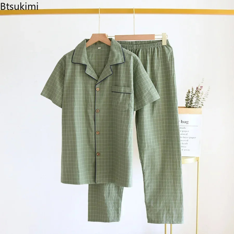 2026 Men's Spring Summer Pajamas Short Sleeved Top and Pants Washed Cotton Simple Plaid Home Service Suit Pantalon Pijama Hombre