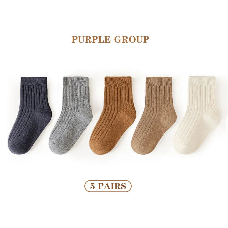 5 Pairs/Lot Children'S Socks Set Solid Color Double Needle Cotton Kids Mid-Tube Socks Candy Color Boys And Girls Student Socks
