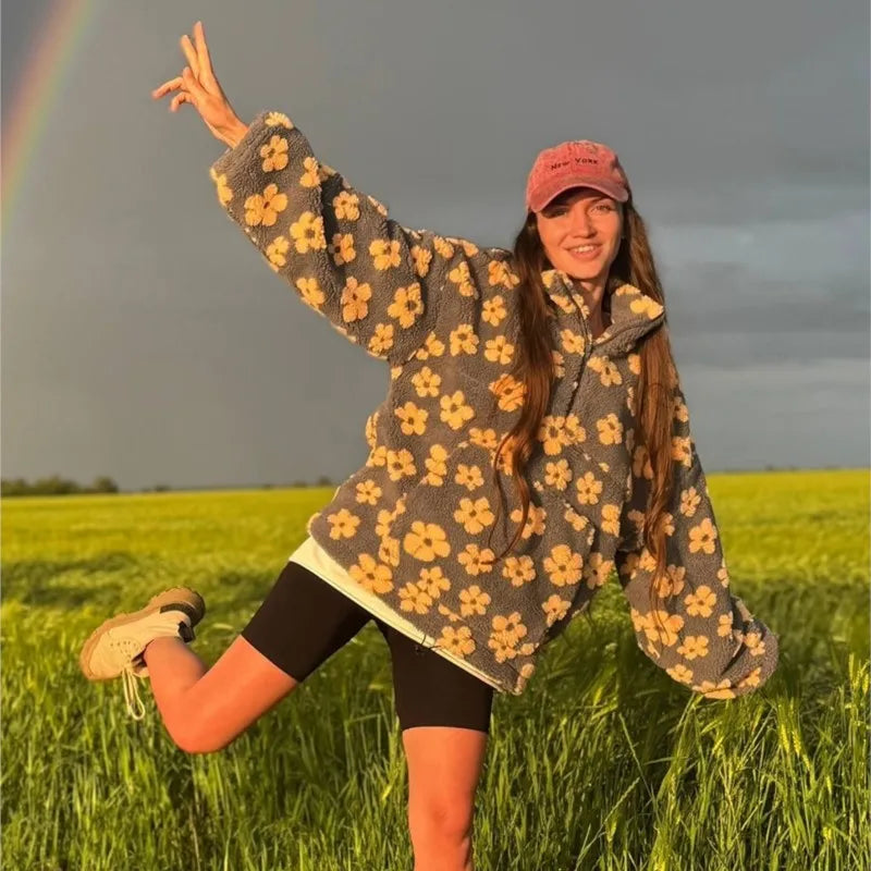 2025 Autumn/Winter New Fashionable Warm Plush Hoodie With Casual Flower Print Loose High Collar Loose Long Sleeve Fleece Hoodie