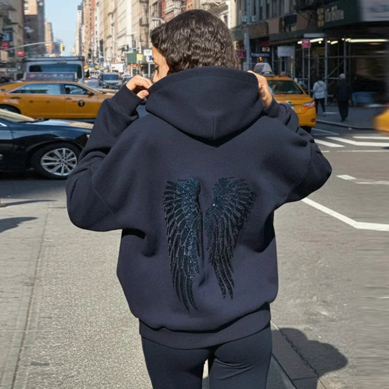 Y2k Wing Sequined Hoodies Pants Sets Women Hooded Long Sleeve Sweatshirt Straight Pant 2025 Autumn Winter Lady Street Outfits
