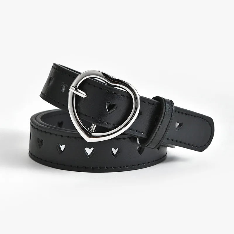Children Leather Belt Cute Peach Heart Buckle Belts for Girls Solid Color Waistband Korean Fashion Love Heart Eyelet Waist Belt
