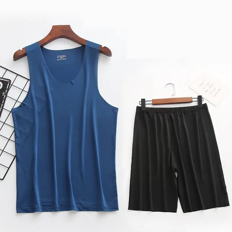 Mens Ice Silk T-Shirt & Short Pants 2Pcs Pijamas Sleep Set Ultra-thin Homewear Clothing Summer Pyjamas Sleepwear Nightwear Suit