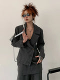 EAM Women Gray Stripe Elegant Blazer New Lapel Long Sleeve Waist Slim Fit Jacket Fashion Tide Spring Autumn 2026 30A3037
