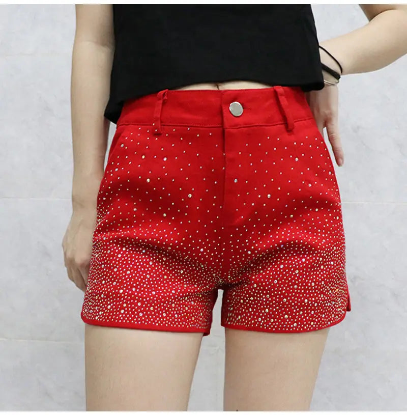 Women's High Waist iny Sequin Denim orts Summer New Sle Korean Version Slimming Elastic Wide Leg A-Line Hot Pants