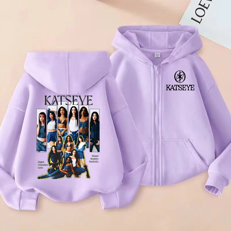Kids Zip Up Sweatshirts Kpop Katseye Print Hoodie Children Clothes Kids Casual Tops Girl Boy Sweatshirt Zipper Hoody Streetwear
