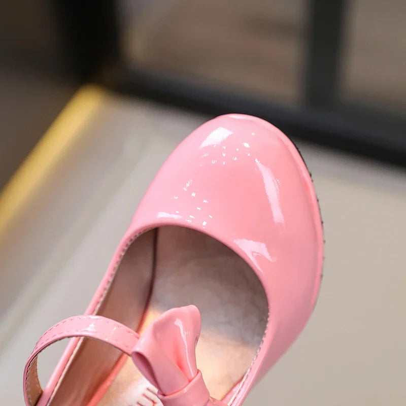 Fashion Girls High Heels Glossy Bowtie Kids Leather Shoe Spring Autumn Children Causal Princess Dress Shoes for Evening Party