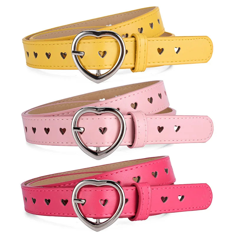 Children Leather Belt Cute Peach Heart Buckle Belts for Girls Solid Color Waistband Korean Fashion Love Heart Eyelet Waist Belt