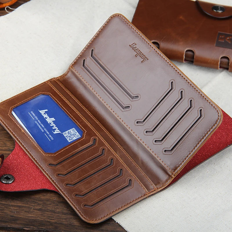 Men's Leather Tri-Fold Wallet - Magnetic Buckle Clutch with Card Holder & Coin Purse, Business Wallets for Men