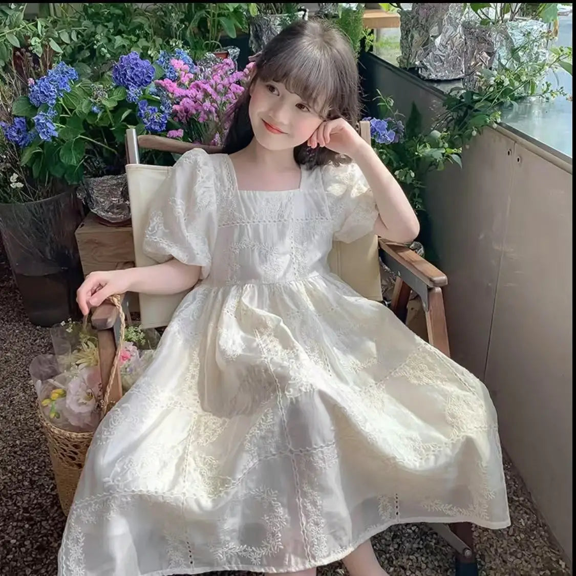 Kids Dresses Teenage White Wedding Party Lace Girl Dress Puff Sleeve Children Carnival Spring Autumn 4 6 7 9 10 12 Years Clothes