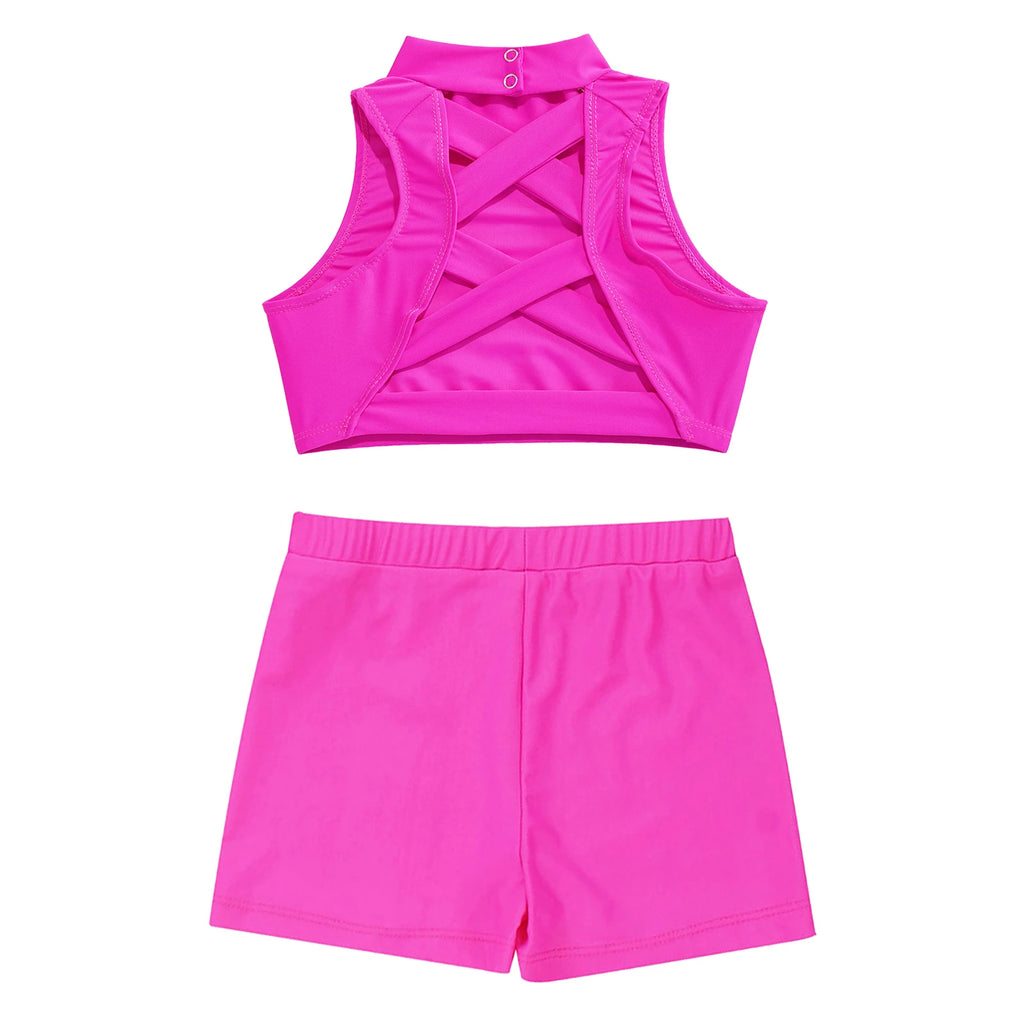 Kids Girls Swimwear 2Pcs Sleeveless Mock Neck Tank Crop Top Vest+Shorts Pants for Beach Pool Swimming Bathing Suit Sportswear