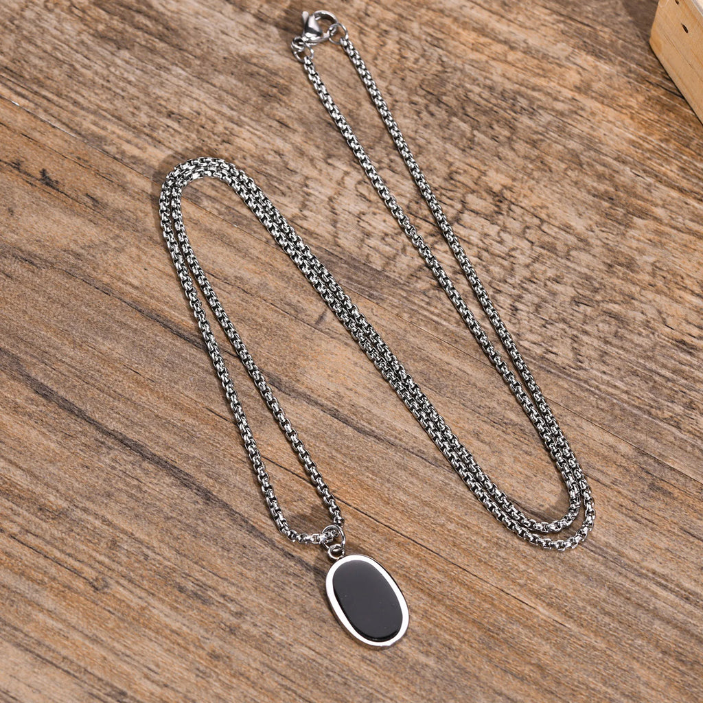 Men Necklace, Oval Round Pendant, Stainless Steel Minimalist Black Pendants.French Style Vintage Men Jewelry