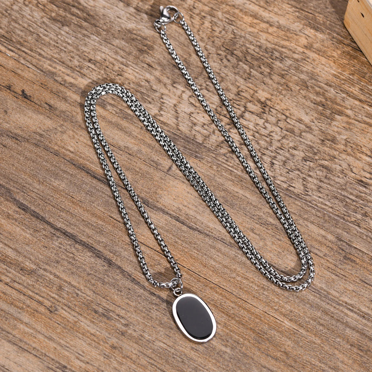 Men Necklace, Oval Round Pendant, Stainless Steel Minimalist Black Pendants.French Style Vintage Men Jewelry