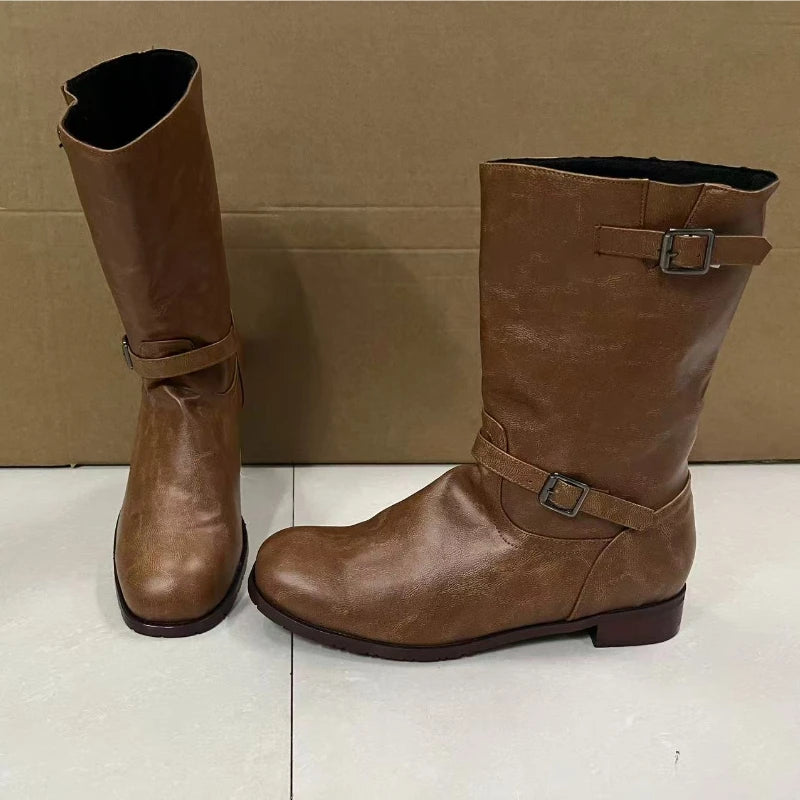 Men's Boots PU Leather Boots Retro Outdoor Western Cowboy Boots Round Toe Belt Buckle Mid-Calf Boot Slip on Plus Size Long Boot