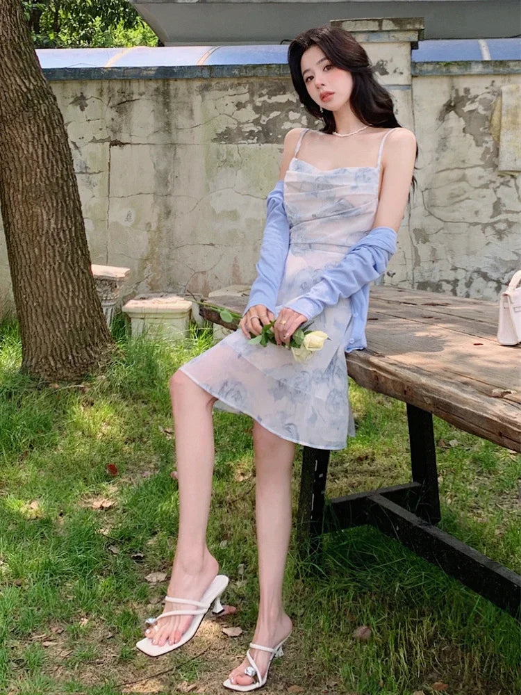 Floral Mini Dress for Women Backless Design Sexy Girls Romantic Sleeveless Vestidos Temper Aesthetic Clothing Vacation Popular