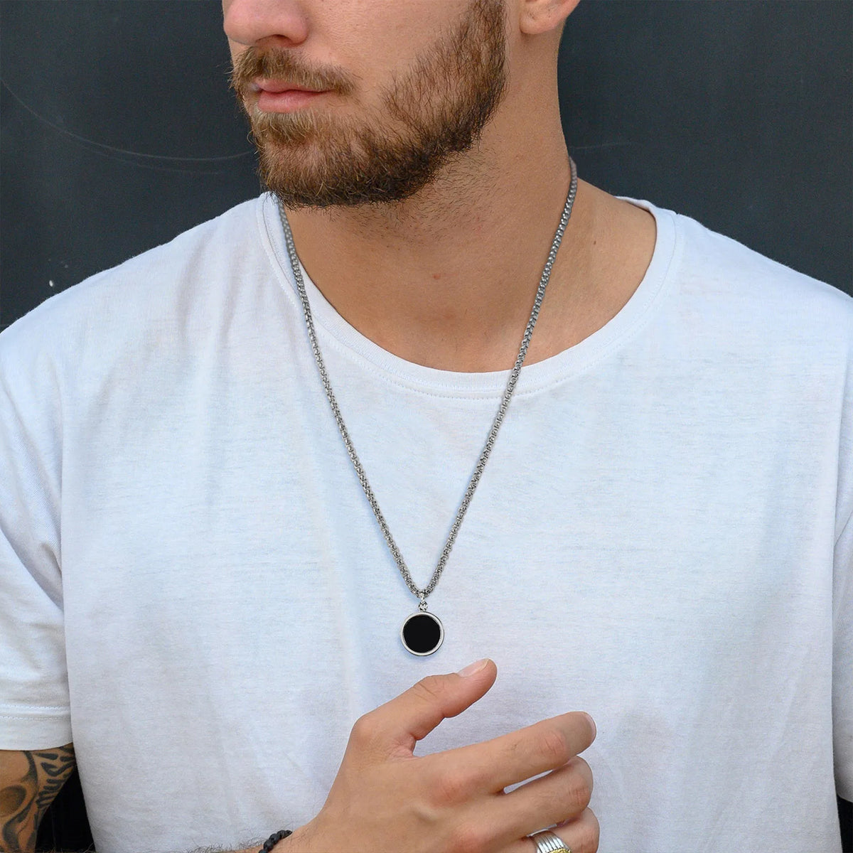 Men Necklace, Oval Round Pendant, Stainless Steel Minimalist Black Pendants.French Style Vintage Men Jewelry
