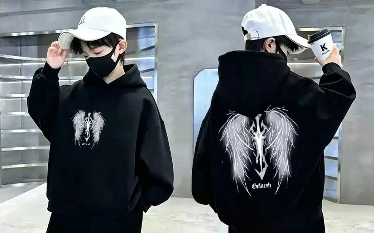 Boys Hoodie Streetwear Angel Wings Trident Print Kids Loose Hooded Sweatshirt Casual Teen Pullover