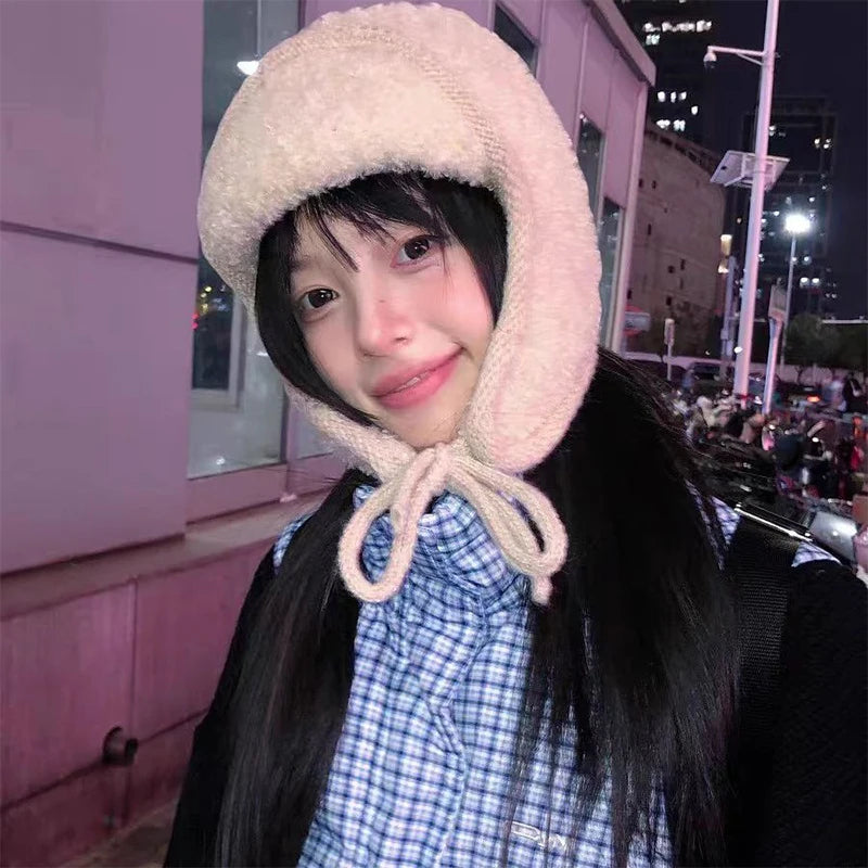 Ear-protective Woolen Knitted Hats for Women, Autumn Winter Thickened Fleece Caps, Ideal for Large Head Circumference