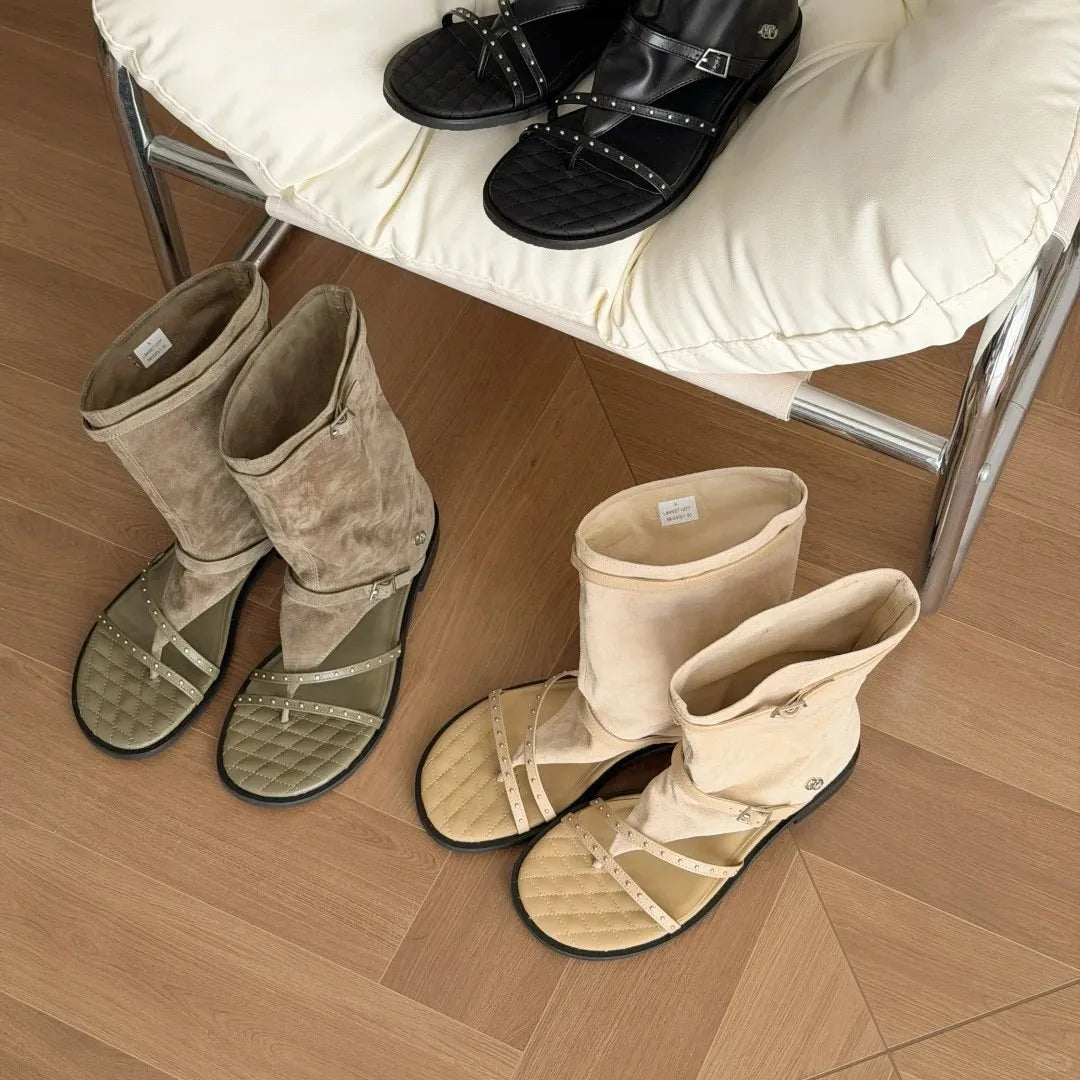 Women's Boots New style mid-calf boots with buckle mid-heel mid-length boots summer flip-flops chunky heel shoes for Women