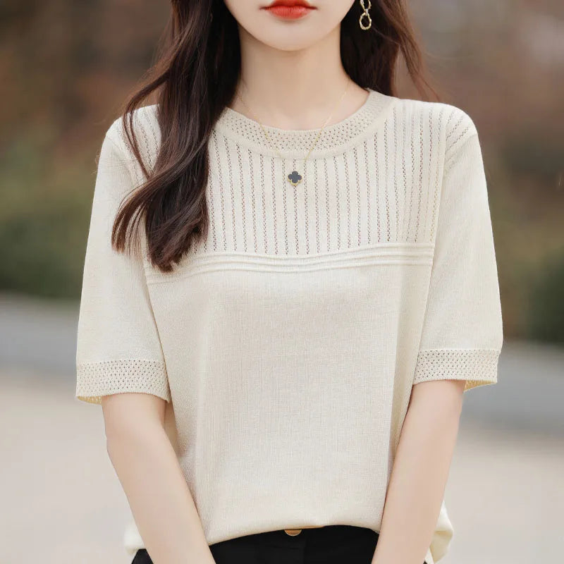 Summer New Round Neck Women's Ice Silk Sweater Temperament Joker Loose Slim Short Sleeve Age-Reducing Fashion Sweater