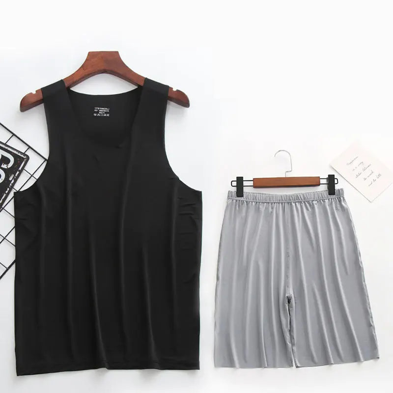 Mens Ice Silk T-Shirt & Short Pants 2Pcs Pijamas Sleep Set Ultra-thin Homewear Clothing Summer Pyjamas Sleepwear Nightwear Suit