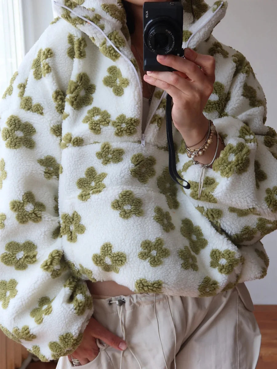 2025 Autumn/Winter New Fashionable Warm Plush Hoodie With Casual Flower Print Loose High Collar Loose Long Sleeve Fleece Hoodie