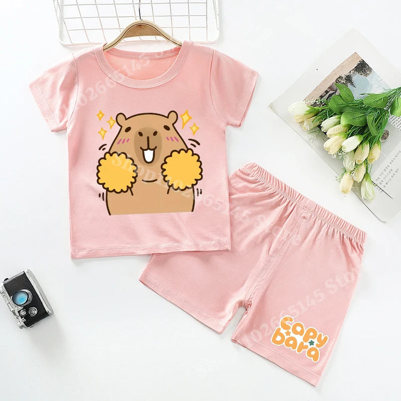 Capybara Kids Pajamas Shorts Set Summer New Capibara Home Clothes Boys Girls Anime Nightwear Pants Children Short Sleeve Gift
