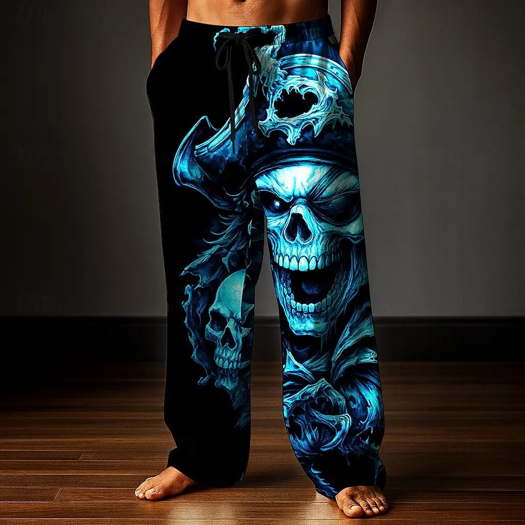 Men's Skull Skeleton Printed Trousers Baggy Pants Casual Pants Mid Waist Elastic Drawstring Waist Pants for Men Streetwear Fall