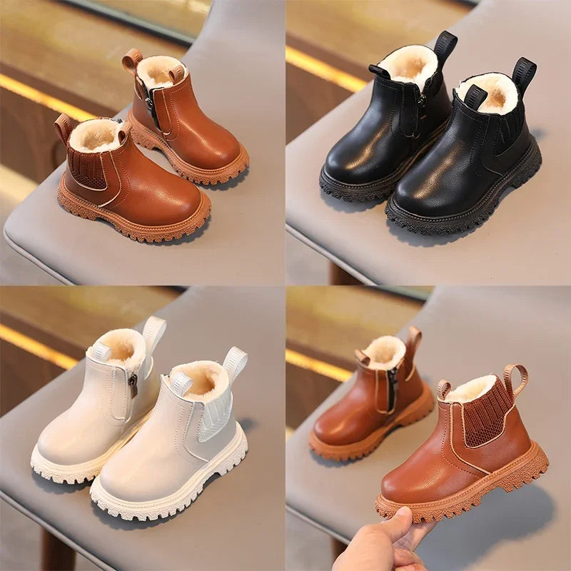 Kids Short Boots Fashion Boys Shoes Autumn Winter Leather Children Boots Non-Slip Toddler Girls Boot Toddler Snow Shoes