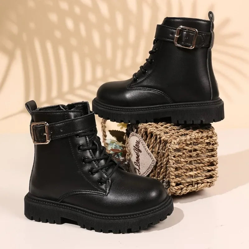 Kids Short Boots Versatile Fashion Children Leather Boots Soild Color Soft Bottom 2025 Autumn Winter New Girls Casual Boots