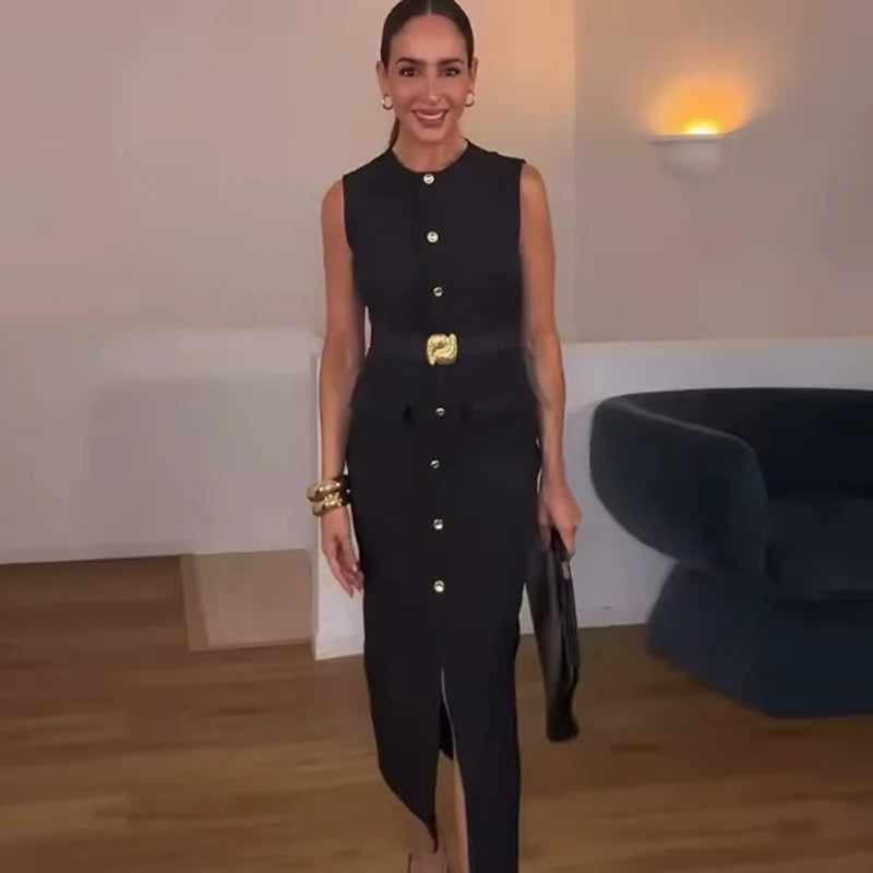 HXAO Women's Black Dress Summer 2025 Sleeveless Elegant Formal Dresses For Women Belt Vest Long Dress Button Casual Dresses