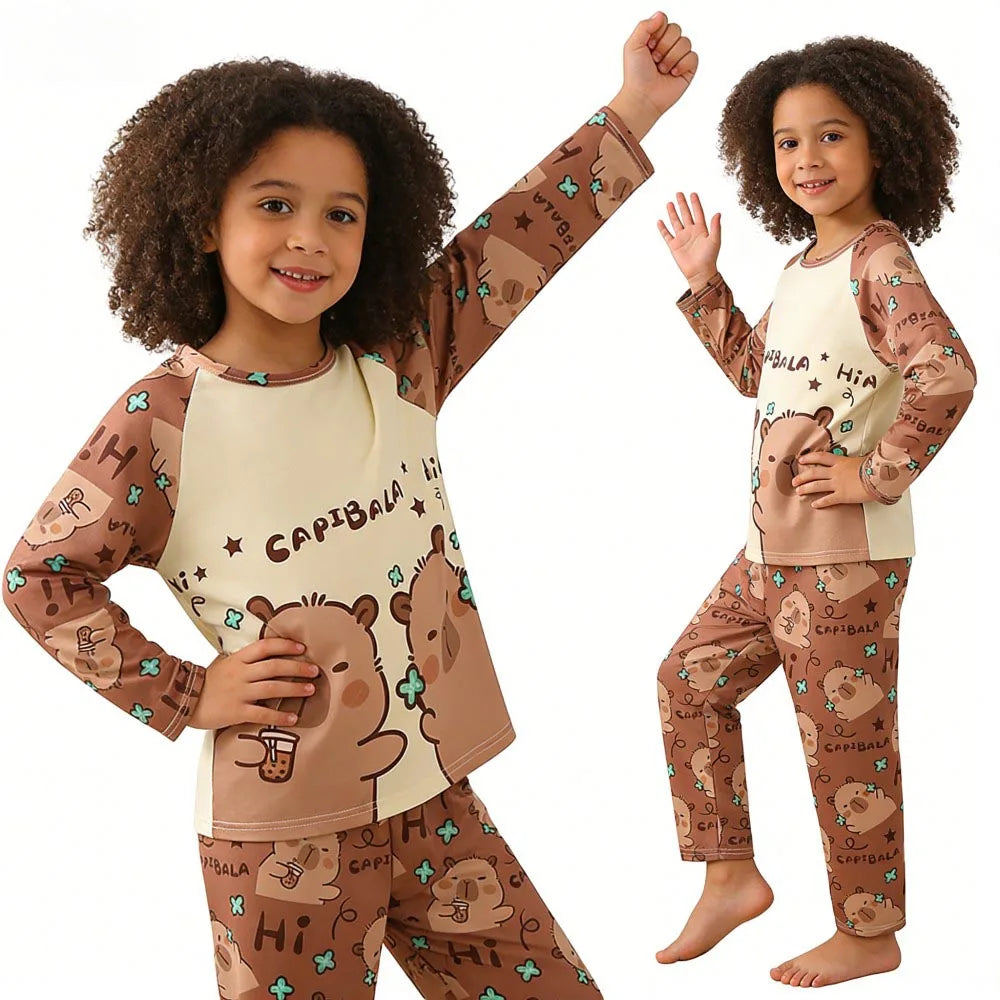 Capibara Kids Pajama Sets Long Sleeve Loungewear with Cute Animal Print Soft Sleepwear for Boys Girls Cartoon Sleepwear Outfit