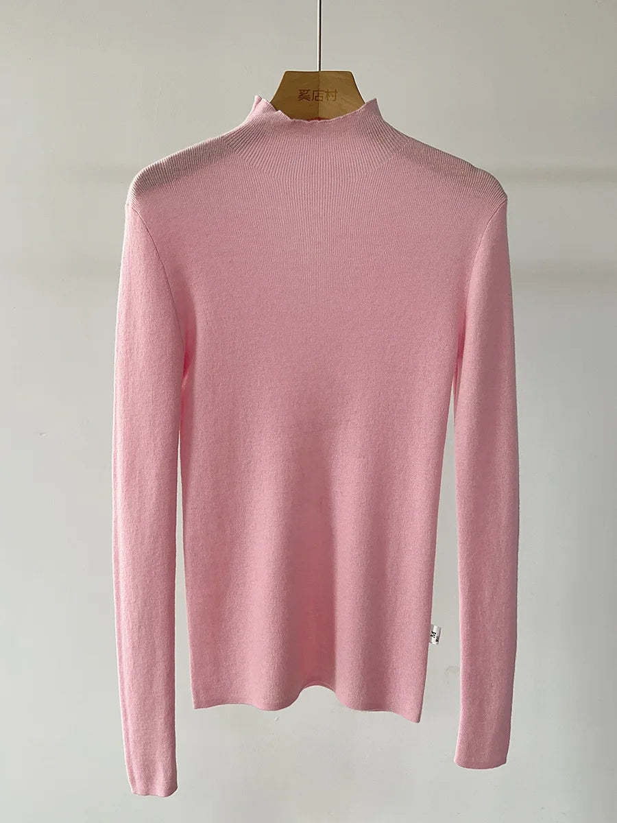 BirdTree, 100% Wool Slim Thin Sweater, Women Long Sleeve Mock Neck, Seamless Bottom High Elastic Top, 2025 Winter Fall T46985QM