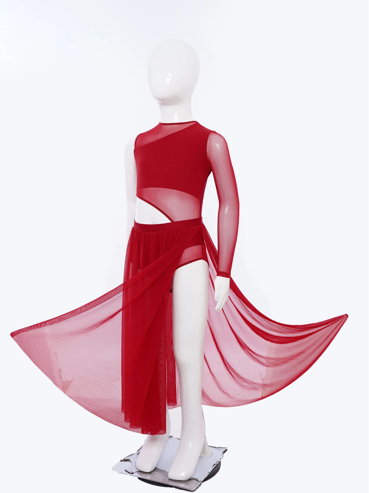 Kids Girls Modern Lyrical Dance Dress Round Neck Asymmetrical Cutout Patchwork Sides Split Sheer Mesh Leotard Dress Dancewear