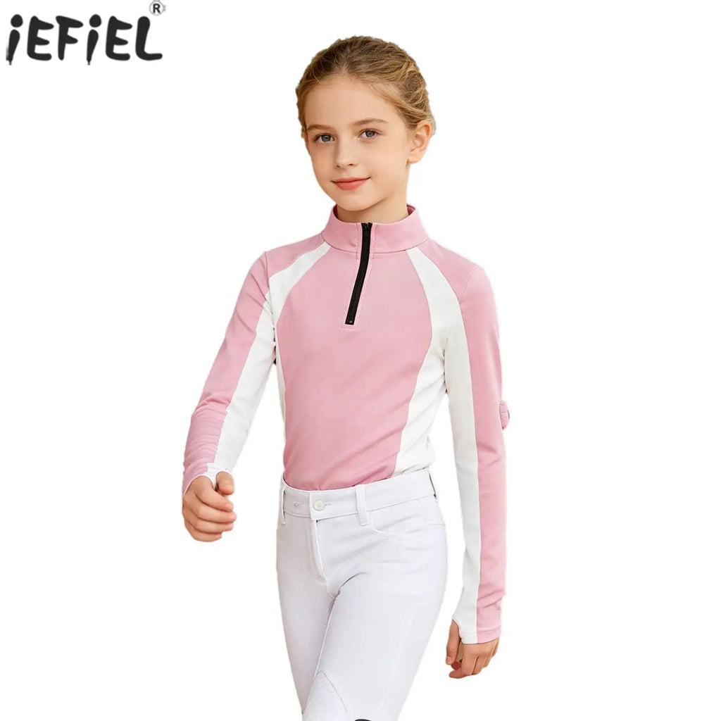 Kids Girls Horse Riding Shirts Top Equestrian Clothing Long Sleeve Half Zip Quick Dry Shirt Tops Horsemanship Golf Sportswear
