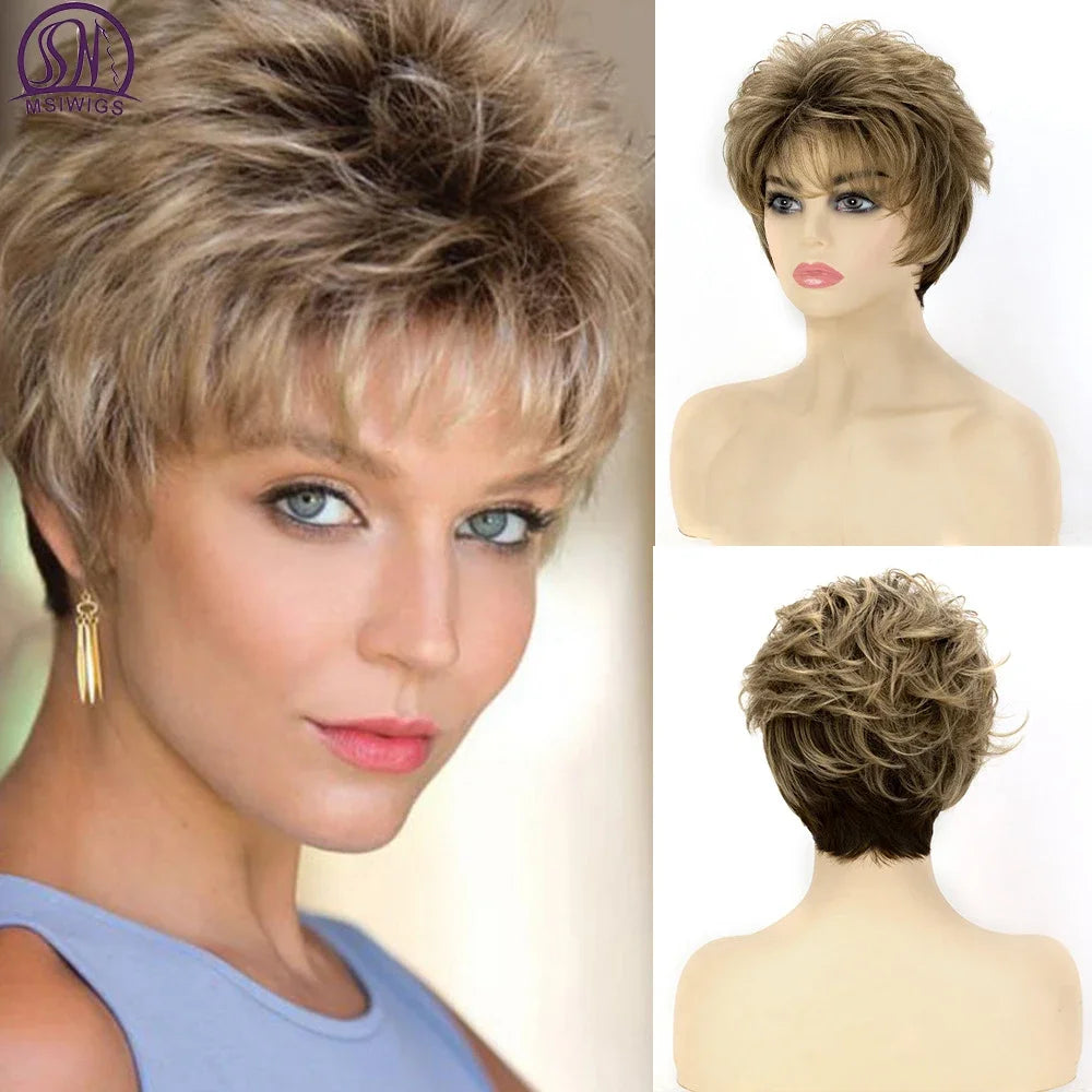MSIWIGS Short Wavy Synthetic Cut Wigs For Women Daily Wear Africa American Brown Fake Hair