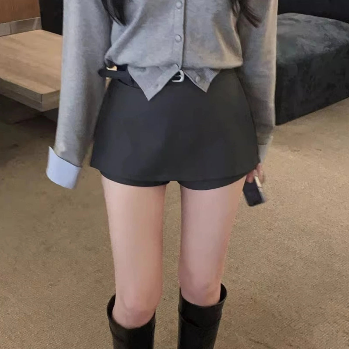 High Waist A-Line  Skirt Suit Bla Women's Korean Sle Belted f-length Skirt Commute Stand Fit Summer Collection