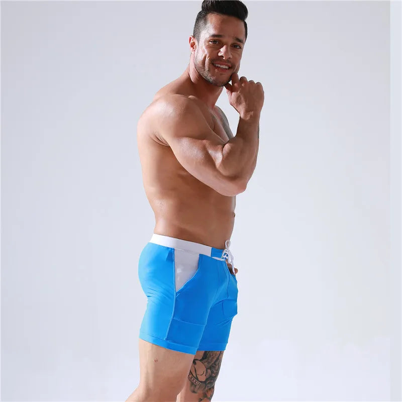 Sexy Men's Swimwear Shorts Summer Quick Dry Swimming Trunks Surf Board Shorts Boxer Briefs Tethered Swimsuit Beachwear  New