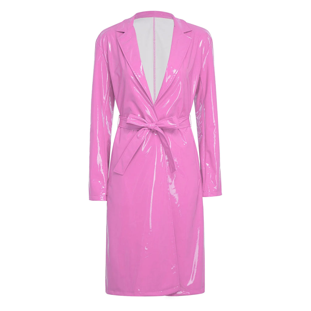 Women PU Leather Long Trench Coat Blazer Glossy Lapel Open Front Long Sleeve Jacket Overcoat with Belt Party Clubwear Streetwear