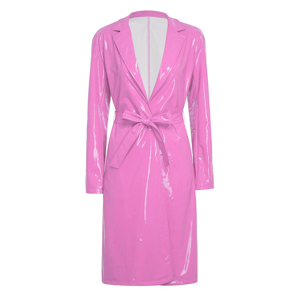 Women PU Leather Long Trench Coat Blazer Glossy Lapel Open Front Long Sleeve Jacket Overcoat with Belt Party Clubwear Streetwear