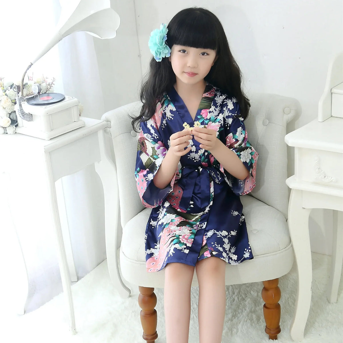 Kids Satin Floral Kimono Robe Flower Girl Peacock Bath Robes for Wedding Spa Party Gifts Bridal Lingerie Sleepwear Bathrobe