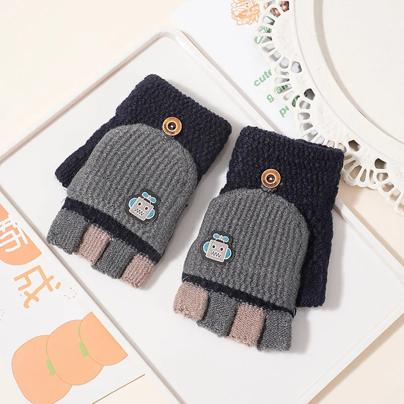 Children's Warm Gloves for Boys and Girls Cartoon Cute Half Finger Knitted Winter Flip Cover Baby Thick Cold Proof Five Fingers