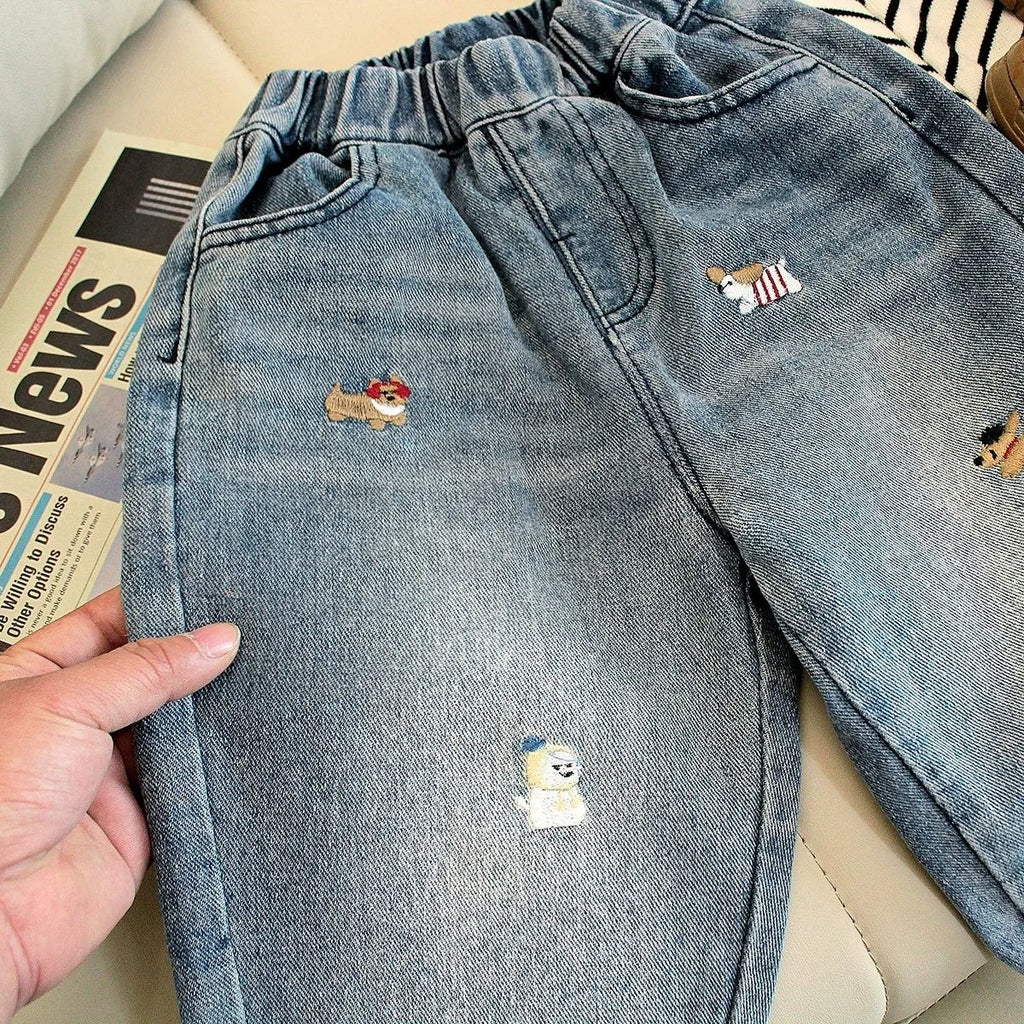 2025 Autumn Kids Pants Cartoon Embroidery Boys Loose Jeans Soft Casual Denim Trousers Children Outwear Girls Pants For 2-7 Years
