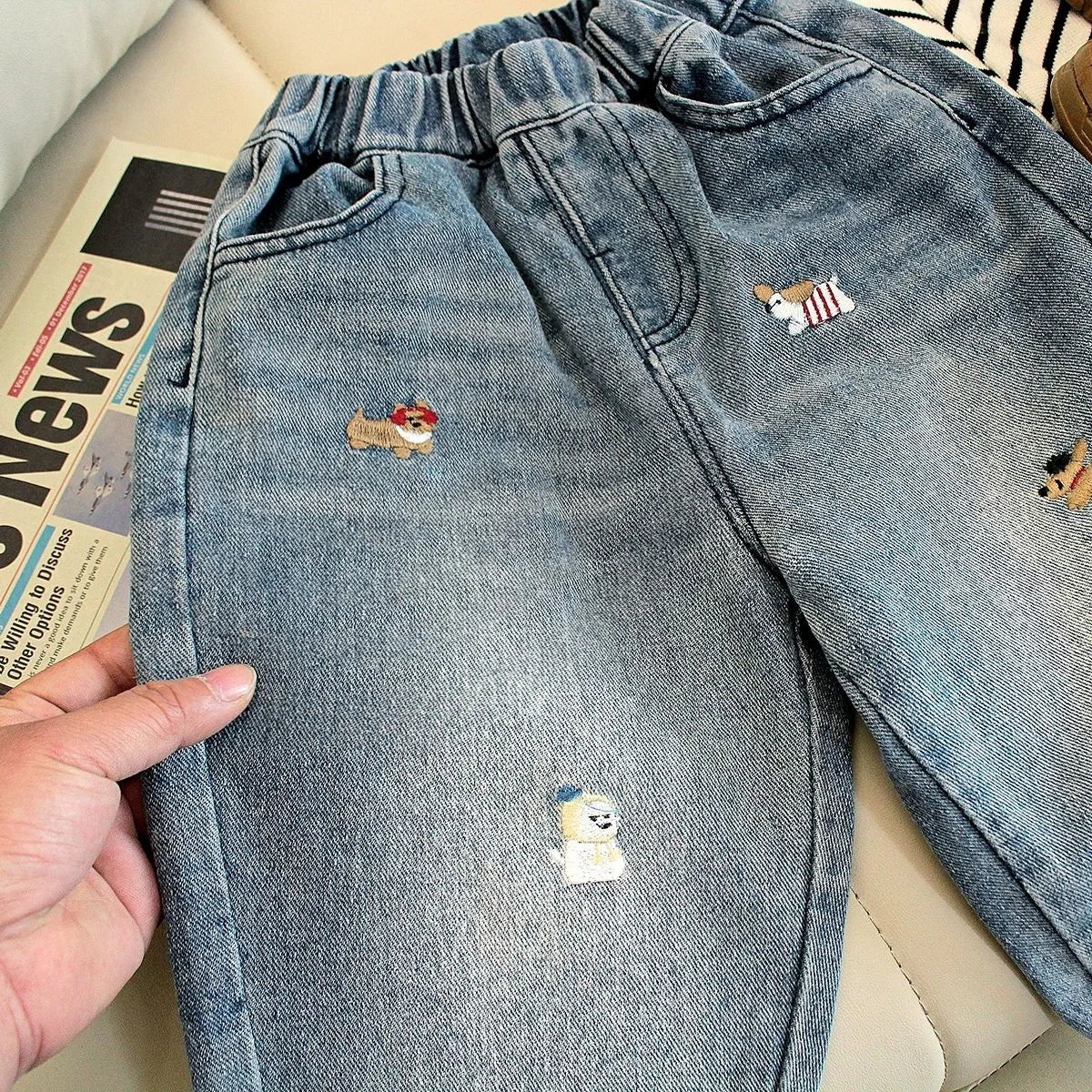 2025 Autumn Kids Pants Cartoon Embroidery Boys Loose Jeans Soft Casual Denim Trousers Children Outwear Girls Pants For 2-7 Years