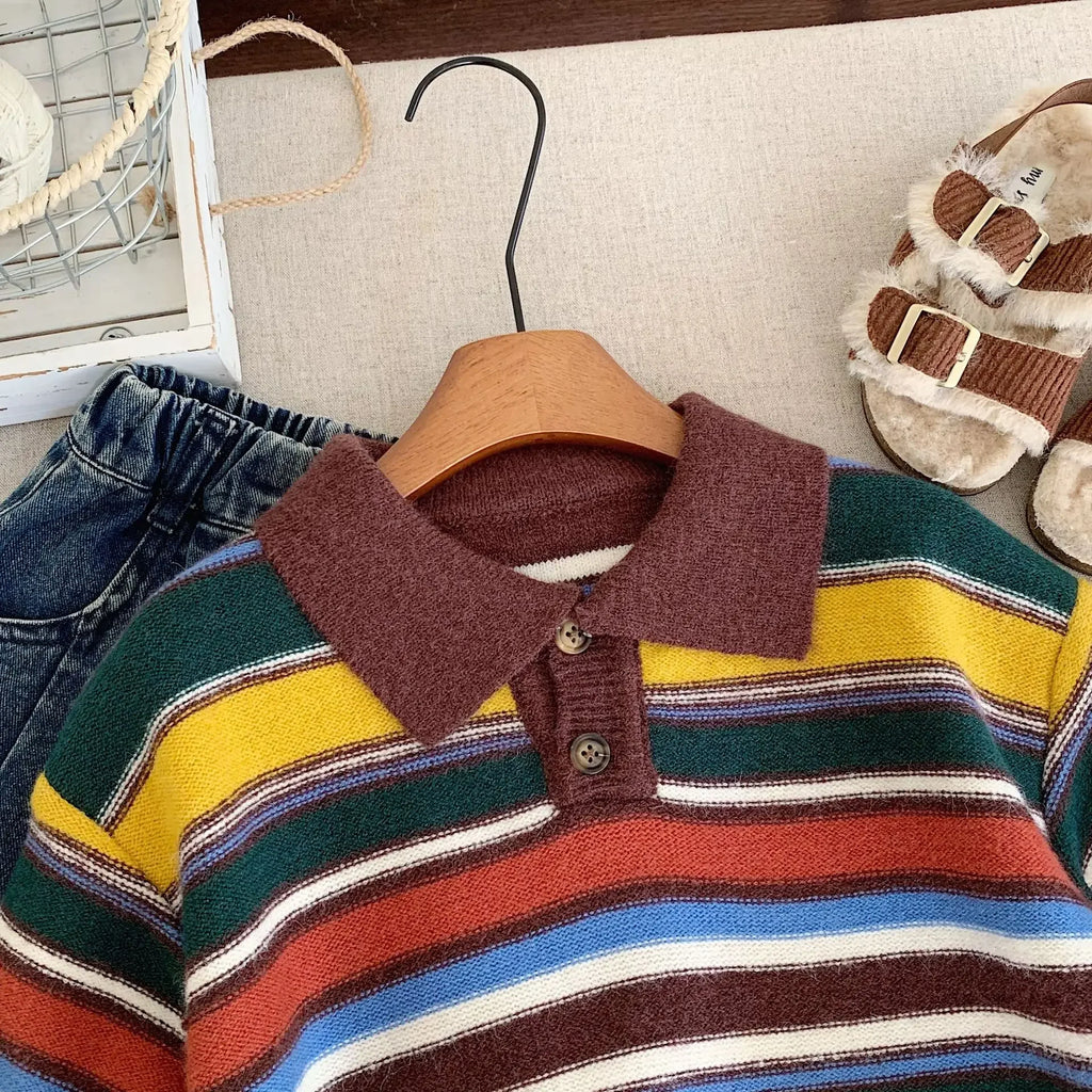 Children's Sweater Autumn Boys' and Girls' Korean Version Collar Striped Knitted Sweater Rainbow Top Trendy Kids Clothes