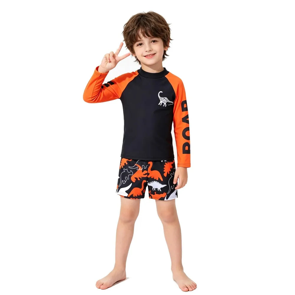 Boys 2-Piece Dinosaur Swimwear Long Sleeve Children Swimsuit Rash Guard Top+Shorts Bathing Suit For Toddler Kids Beach Pool