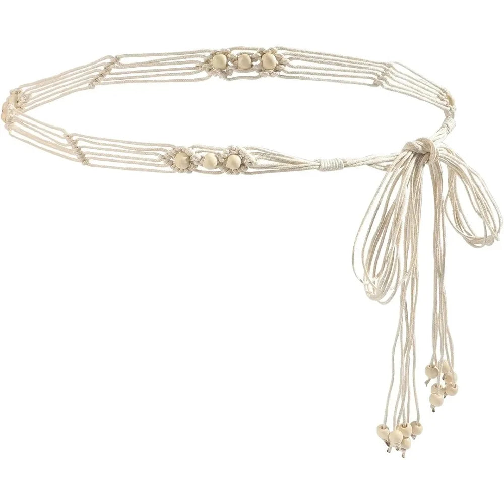 Women's Boho Braided Belt Adjustable Beaded Rope Waist Belts for Dresses