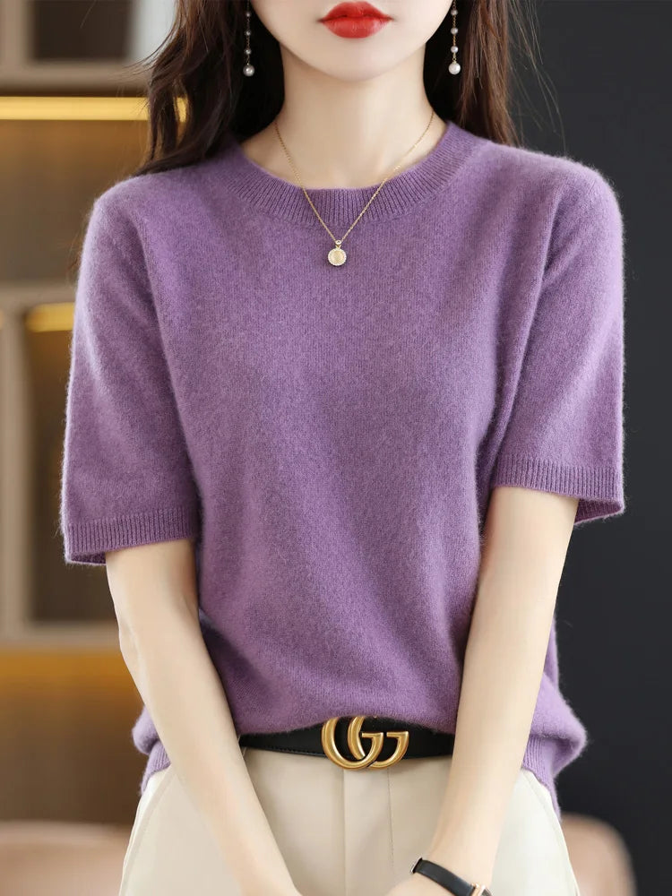 Short Sleeves Women's Sweater O-neck Bottoming Shirts Solid Spring Summer Korean Fashion Sweater Knit Top Casual Basic Pullovers
